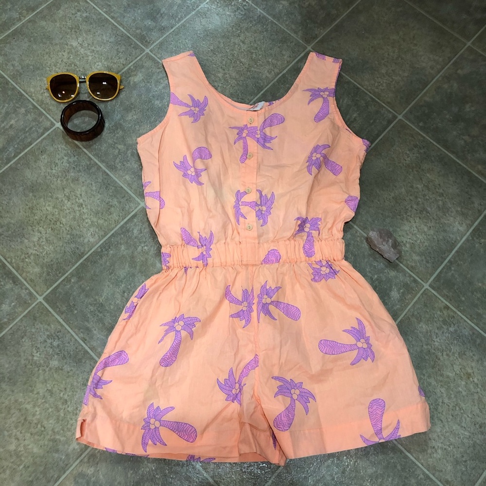 Vintage Peach Palm Tree Print Romper